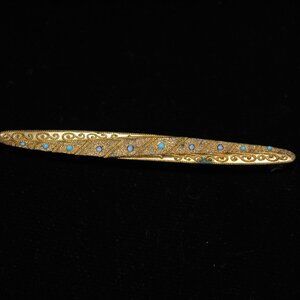 Antique Brass Bar Pin with Stripes and Filigree Design & Blue Accents